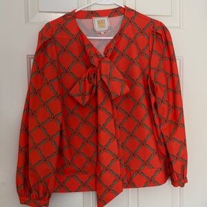 Red Patterned Tie-Neck Blouse - Tory Burch